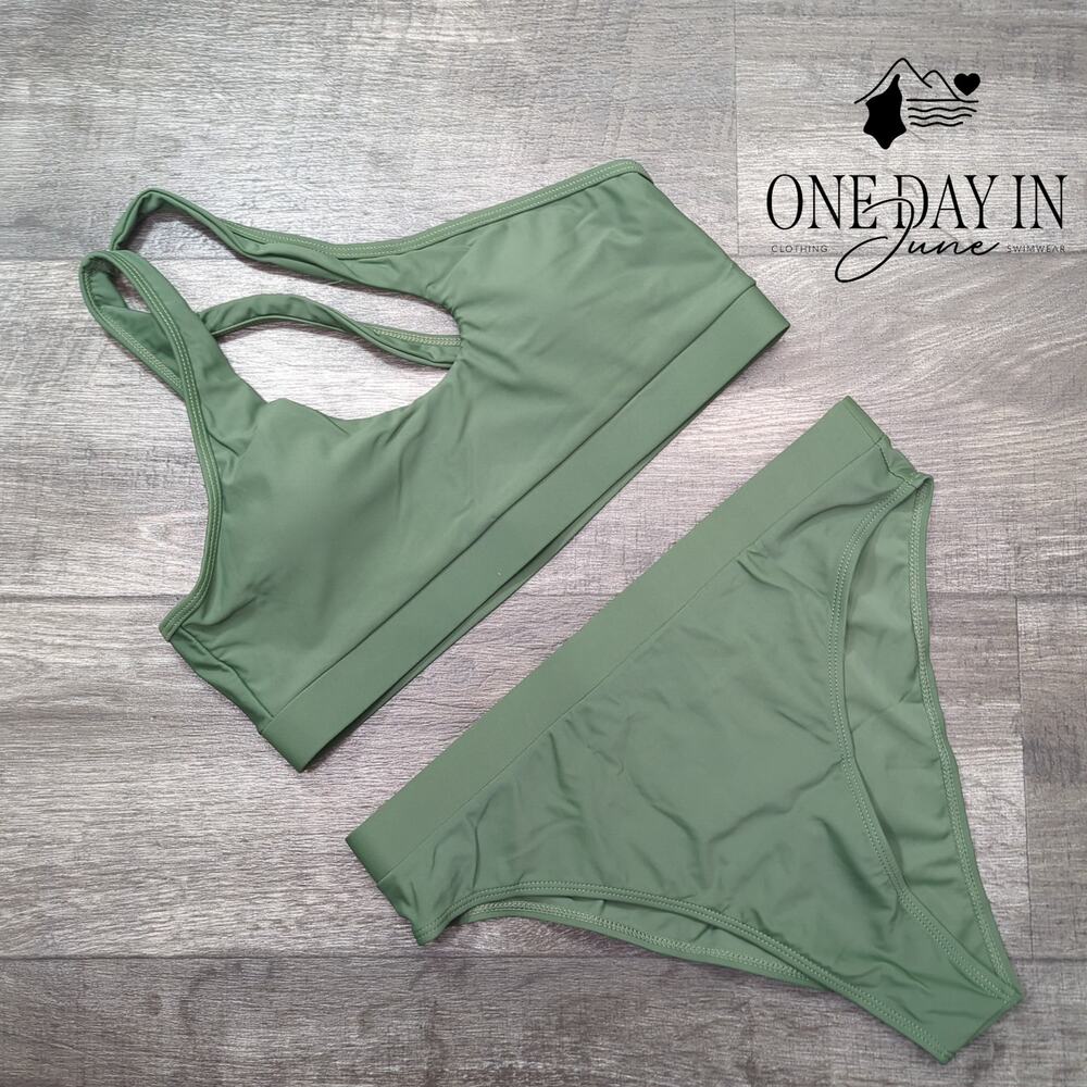Pink Queen One Shoulder Crop Bikini Swimsuit Sage Green Size L